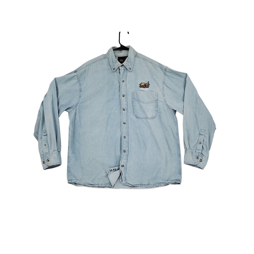 Prairie Mountain Denim Shirt XXL Men Trucker Button Blue Alaska Bear Embroidered
